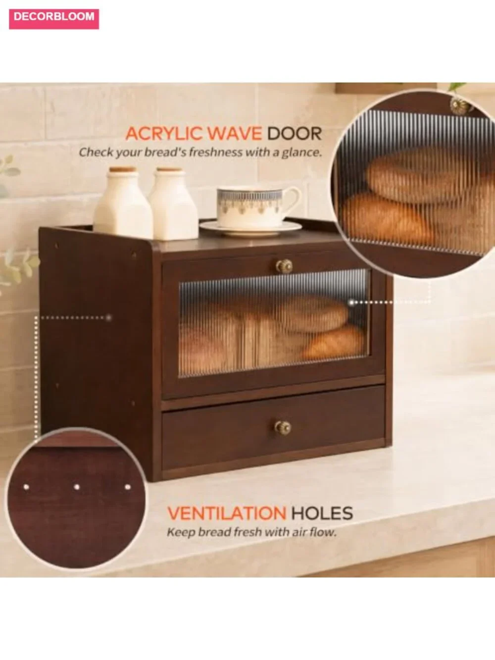 Solid Pine Wood Bread Box with Bamboo Slicer for Kitchen Countertop